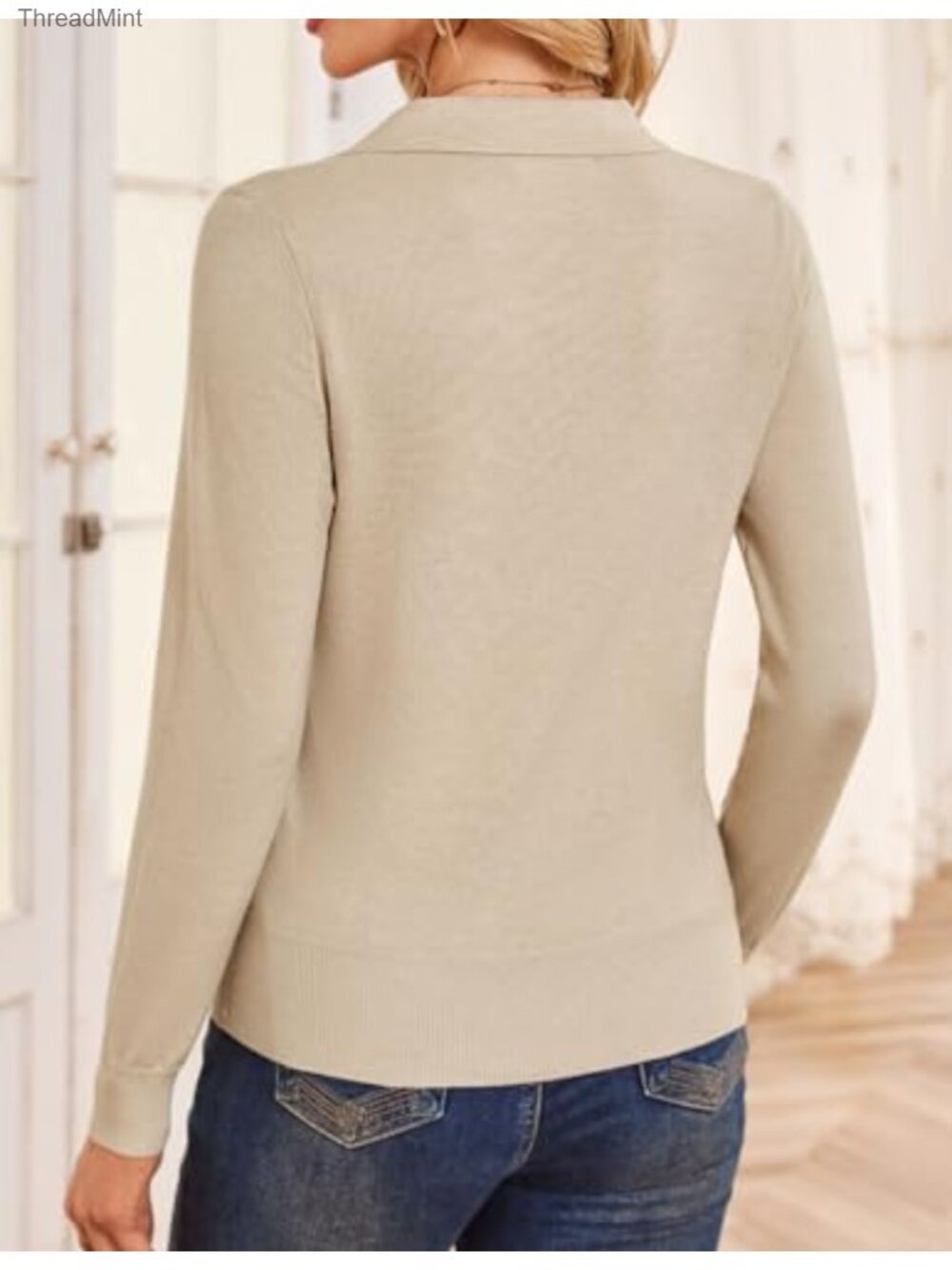 Women's Wool Blend Long Sleeve V Neck Polo Pullover - Picture 4 of 6